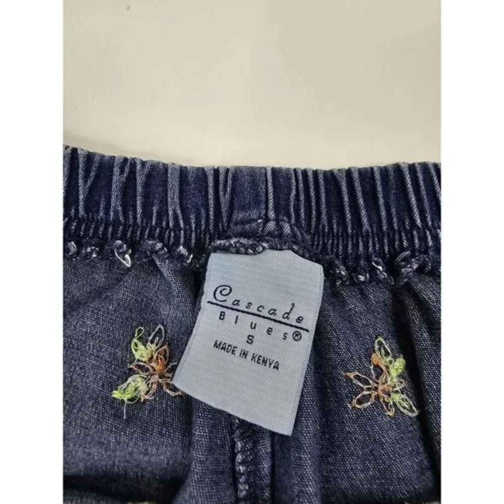 Vtg Cascade Blues Elastic Waist‎ Capri Pants Denim Women's Jeans Size S Floral